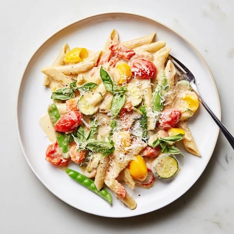 Vibrant One-Pot Pasta Primavera served hot in a bowl, garnished with fresh basil and extra grated Parmesan cheese.  