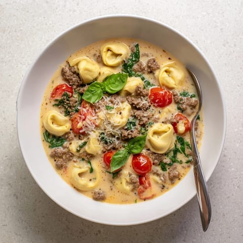 Savory Tortellini Beef Soup with tender beef, sweet cherry tomatoes, and spinach leaves topped with fresh parsley and grated Parmesan cheese.