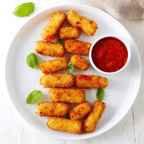 Eight crispy mozzarella sticks ready to serve, dipped in red marinara sauce, creating a quick and irresistible appetizer.  