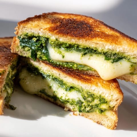 A close-up of a spinach pesto grilled cheese shows melted cheese strands and crispy, buttery bread edges.  