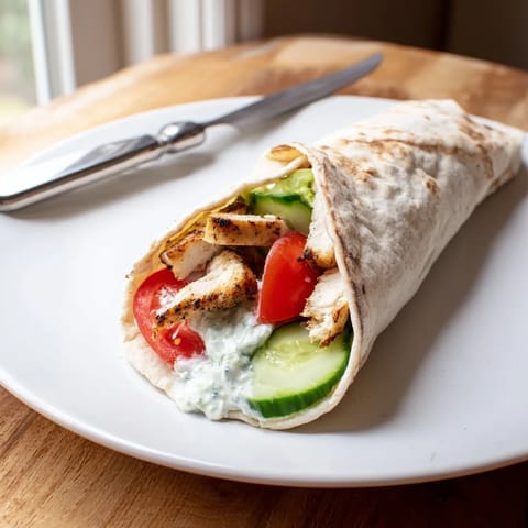 Freshly grilled chicken strips and vibrant vegetables spill from a warm Greek Chicken Wrap, served on a rustic plate with lemon wedges.
