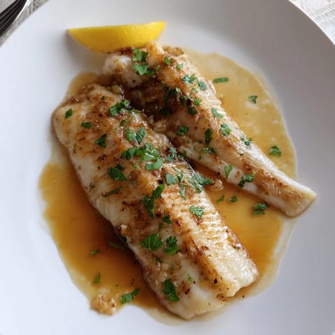 Flounder meunière served family-style, garnished with lemon wedges and bright green herbs, ready to enjoy.