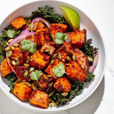 A close-up of the Sweet and Spicy Red Kuri Squash Bowl with caramelized edges and vibrant kale.