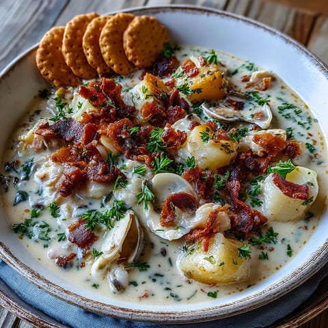 Creamy New England Clam Chowder steaming in a rustic bowl, garnished with fresh parsley and bacon bits.