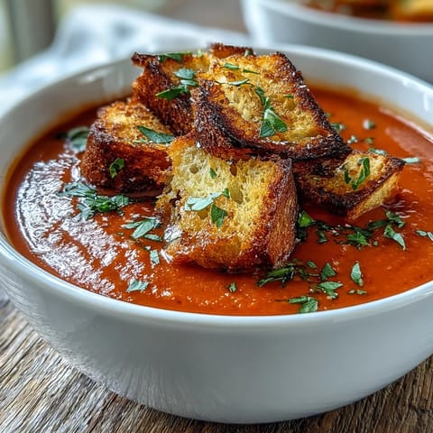 Roasted Red Pepper Soup with Crispy Croutons in a rustic bowl, garnished with fresh parsley and a swirl of cream.