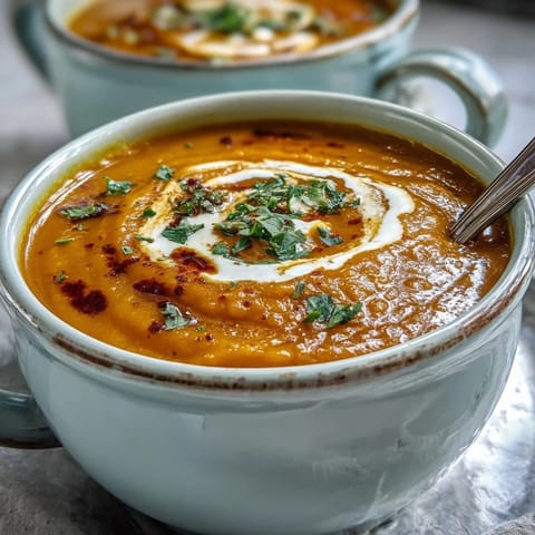 Vibrant orange Carrot and Lentil Soup in a rustic bowl, garnished with fresh cilantro and a swirl of coconut cream.