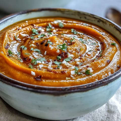 Creamy, bright Carrot Ginger Soup served in a white bowl with coconut drizzle, paired with crusty bread on a rustic wooden table.