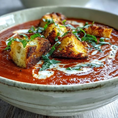 Golden roasted tomatoes and onions blended into velvety Creamy Roasted Tomato Soup with a swirl of cream, perfect for chilly nights.