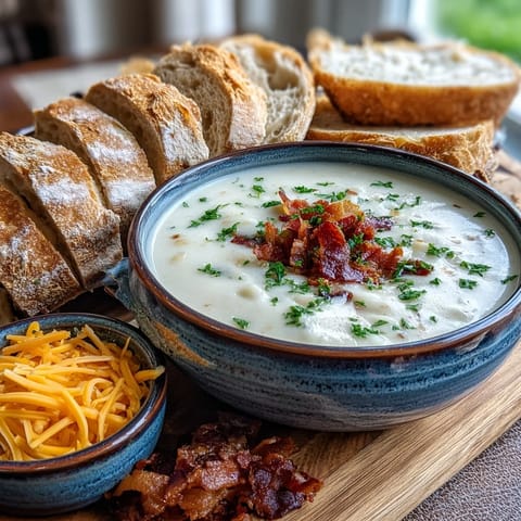 Cream of Potato Soup in a rustic bowl, garnished with fresh chives and melted cheddar cheese.