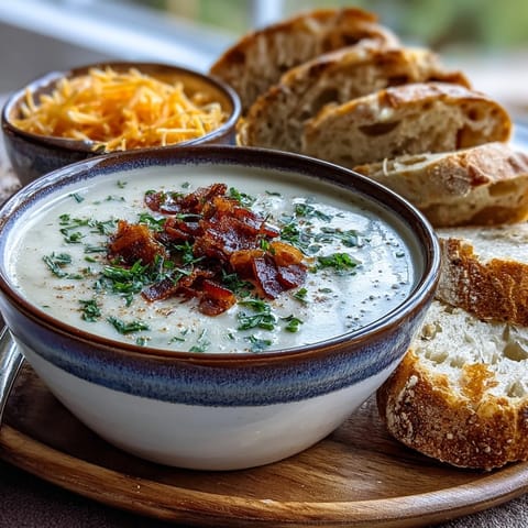 A warm bowl of Cream of Potato Soup topped with crumbled bacon, served alongside a slice of crusty bread.