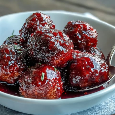 Grape Jelly and Chili Sauce Meatballs glazed with a glossy, ruby-red sauce, served from a slow cooker for easy party appetizers.