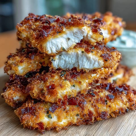 Crispy Air Fryer Chicken Strips arranged on a white plate with fresh lettuce, highlighting their juicy interior.