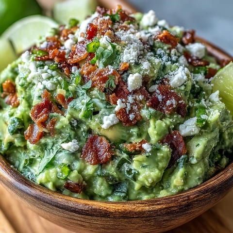 Crispy bacon crumbles and crumbled Cotija cheese garnish this creamy Bacon Guacamole With Cotija Cheese, with lime wedges nearby.