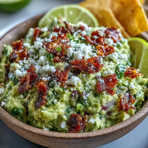 A bowl of Bacon Guacamole With Cotija Cheese topped with extra crispy bacon and fresh cilantro, served with tortilla chips.