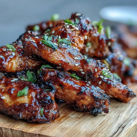 Coca Cola Chicken Wings glistening in a sticky, mahogany glaze, garnished with green scallions and sesame seeds.