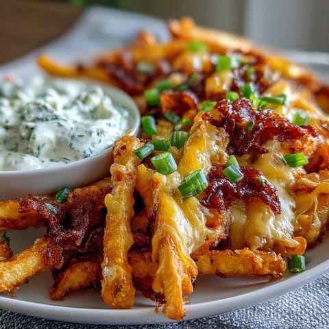 Oven-baked Cheesy BBQ Fries with Ranch Dip arranged on a rustic platter, perfect for game day snacking.