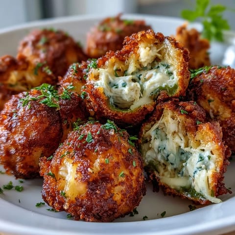 Golden brown Cajun Crab Poppers with a bubbling cheddar cheese topping sit on a serving plate next to lemon wedges.