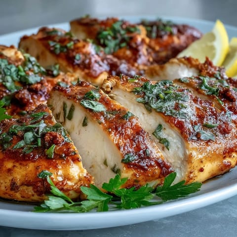 Sliced juicy Oven Baked Chicken Breast served on a white plate with roasted vegetables and fresh parsley.
