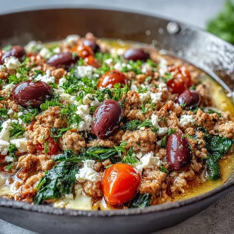 Sizzling Mediterranean Keto Ground Chicken Skillet with Olives and Feta cooks in a pan with cherry tomatoes and spinach.