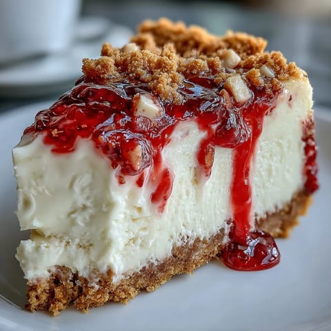 Fresh raspberries and white chocolate garnish this decadent cheesecake, perfect for celebrations.