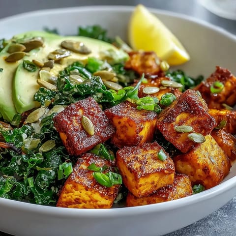 Golden, crispy tofu cubes and sautéed kale create a warm Tofu Breakfast Bowl with Avocado and Kale.