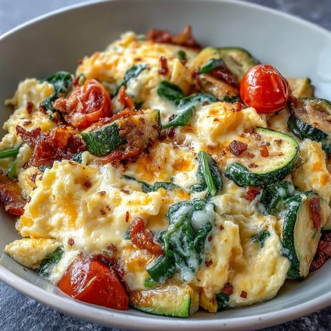 A close-up of a hearty Scrambled Egg and Veggie Bowl with fluffy eggs, gooey cheese, and colorful sautéed zucchini and peppers.