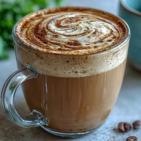 Homemade Japanese-inspired Hojicha Latte with Vanilla Extract, showcasing a rich, roasted green tea color and a drizzle of maple syrup.  