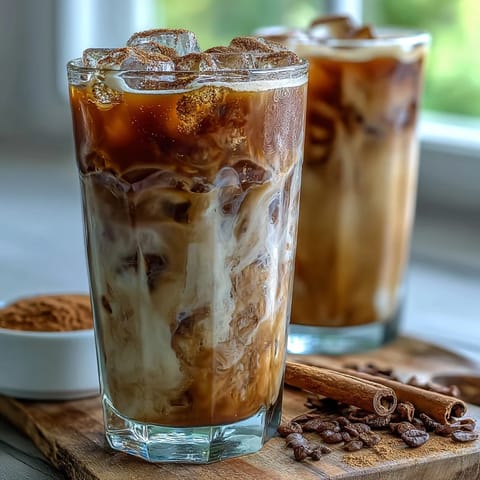 Two servings of Iced Hojicha with Cinnamon topped with a dusting of spice, ready to enjoy on a sunny afternoon.
