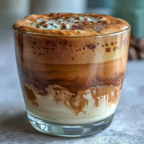 Creamy Hojicha Cortado with steamed milk and roasted tea aroma in a minimalist white cup.