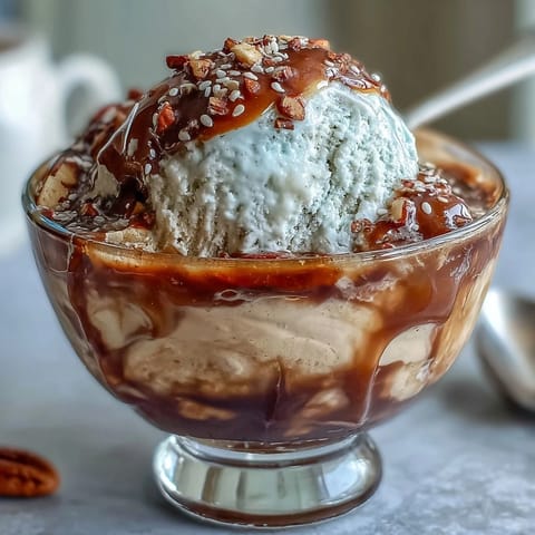 Ceramic bowl holds creamy vanilla ice cream with a shot of hot hojicha, sesame seeds, and almond crunch.