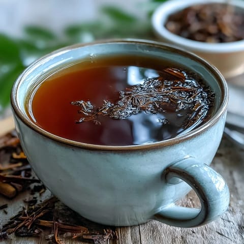 A warm cup of Hojicha Americano with its deep roasted aroma, steeped strong like coffee without the caffeine jitters.