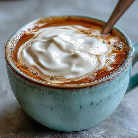 A steaming cup of Hojicha Macchiato with a dollop of frothy milk foam, served in a rustic white ceramic cup.