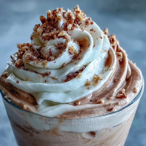 Creamy Hojicha milkshake topped with whipped cream and nuts in a chilled glass.