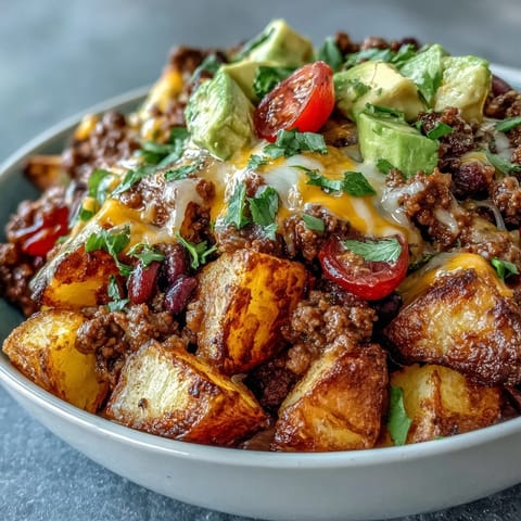 Hearty Loaded Potato Taco Bowl with melted cheddar cheese, fresh avocado, corn, and bright cherry tomatoes.