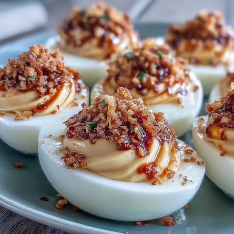 Creamy Spicy Chili Garlic Deviled Eggs halved and filled with a smooth yolk mixture, served on a white plate for a party appetizer.