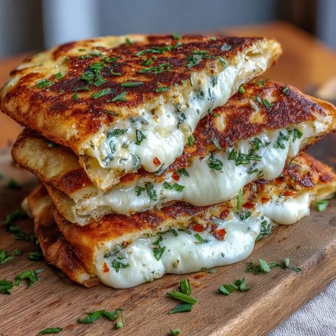 A close-up of Brown Butter Garlic Naan Grilled Cheese, brushed with herby, fragrant butter.