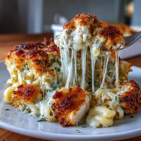 Golden, bubbly Baked Pesto Chicken Mac & Cheese casserole fresh from the oven with crispy parmesan panko topping.