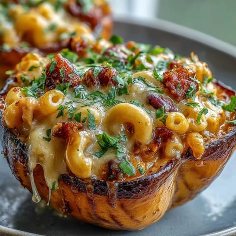 Steaming vegetarian chili mac in squash shells topped with fresh cilantro and a hot honey drizzle.