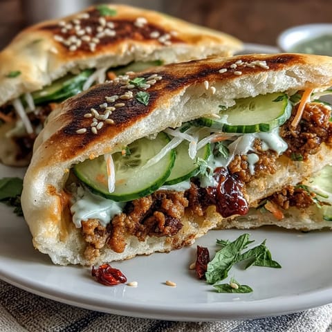 A handheld Korean Turkey Stuffed Naan Pockets meal drizzled with vibrant red gochujang mayo on a plate.