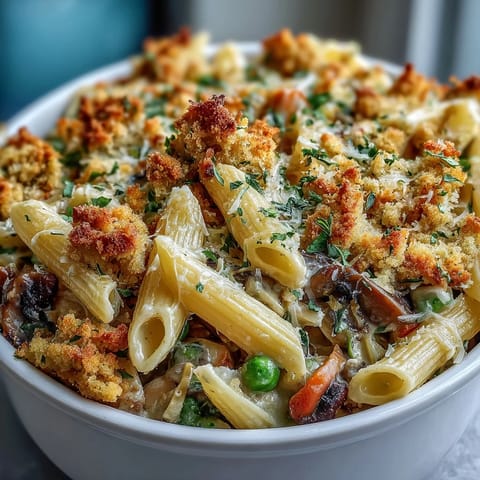 A spoon lifts creamy pasta with tender carrots and celery from a rustic oven-safe pot.