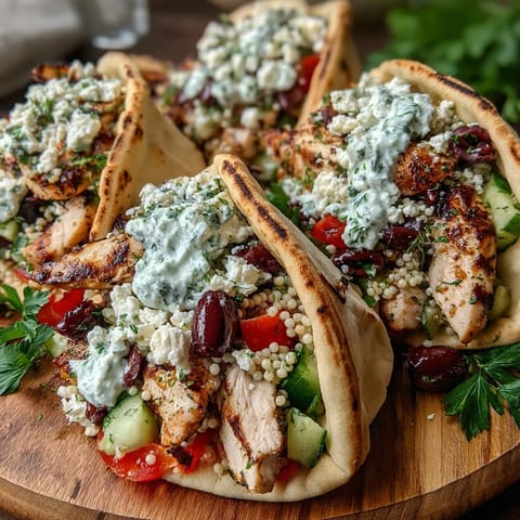 Freshly warmed pita pockets packed with lemony grilled chicken, tangy feta, and cool tzatziki sauce.
