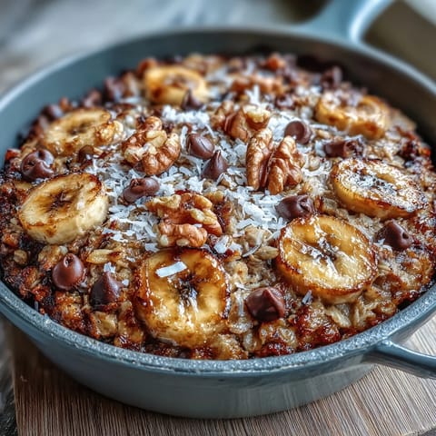 Freshly baked Chunky Monkey Oatmeal Cookie Skillet served directly in a cast-iron pan, ready to slice.