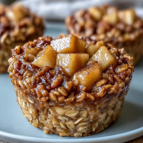 Twelve golden Vegan Apple Cinnamon Baked Oatmeal Cups sit on a rustic wooden board. 