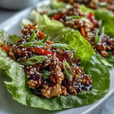 Crisp butter lettuce leaves stuffed with warm, flavorful filling, topped with sesame seeds for a low carb appetizer.