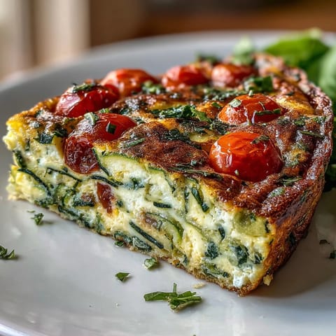 Freshly baked Light Zucchini and Tomato Frittata with golden edges in a skillet, featuring sliced zucchini and blistered cherry tomatoes. 