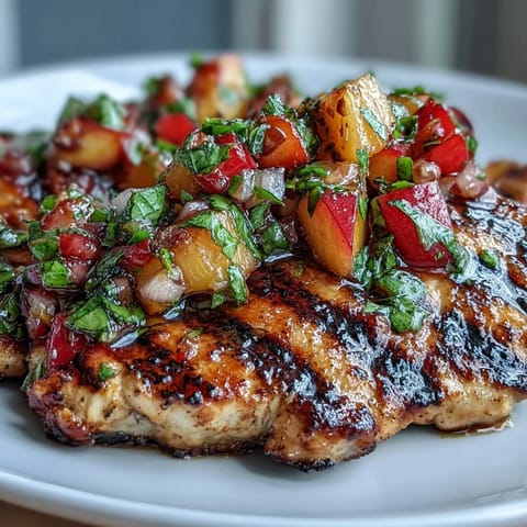 Tender grilled chicken breasts topped with bright peach basil salsa, featuring juicy diced peaches and fresh basil leaves