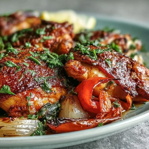 Golden, crispy-skinned One-Pan Paprika Chicken thighs nestled beside vibrant, sweet bell peppers and caramelized onions.