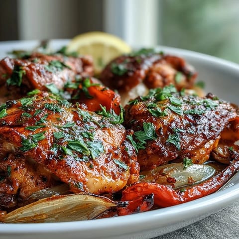 Roasted smoky paprika chicken with tender peppers and onions, served right from the pan with fresh lemon wedges.