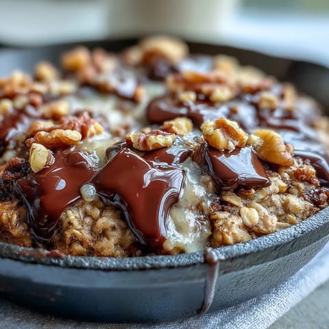 Golden-edged Chunky Monkey Oatmeal Cookie Skillet served warm from the oven with a scoop of vanilla ice cream melting on top.