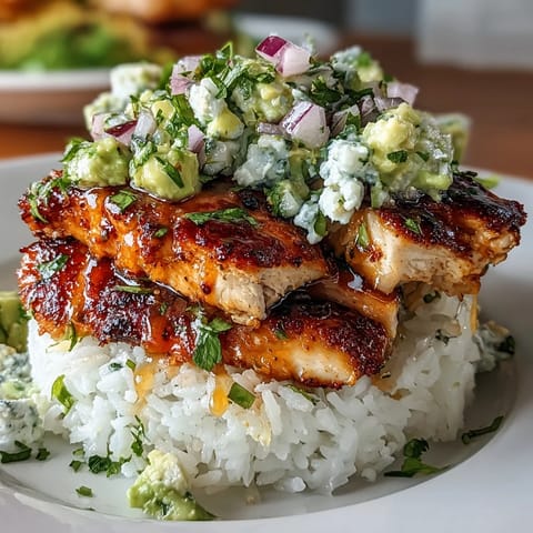 Grilled honey lime chicken slices stacked with jasmine rice and creamy avocado-cilantro salsa on a plate.